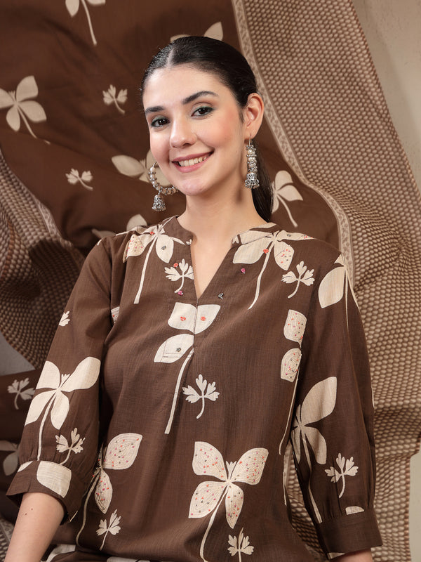 Kimayra Cotton Calf Length Printed 3/4 Sleeve Mandarin Collar Straight Kurta Suit Set