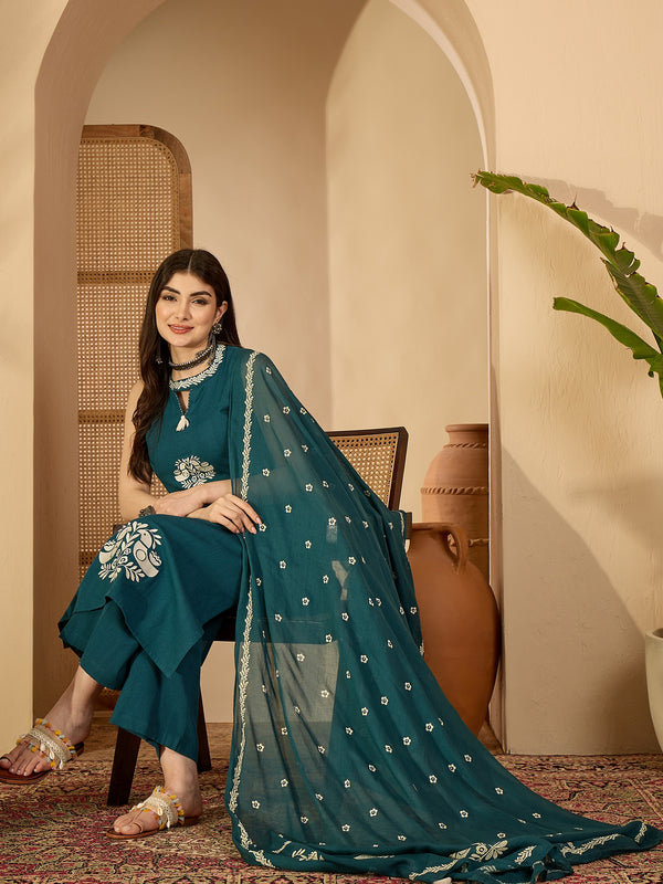 Kimayra Cotton Calf Length Printed Sleeveless Round Neck Straight Kurta Suit Set