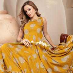 Kimayra Cotton Calf Length Printed Sleeveless Round Neck Flared Dress
