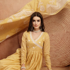 Kimayra Cotton Calf Length Printed 3/4 Sleeve V-Neck Flared Kurta Suit Set