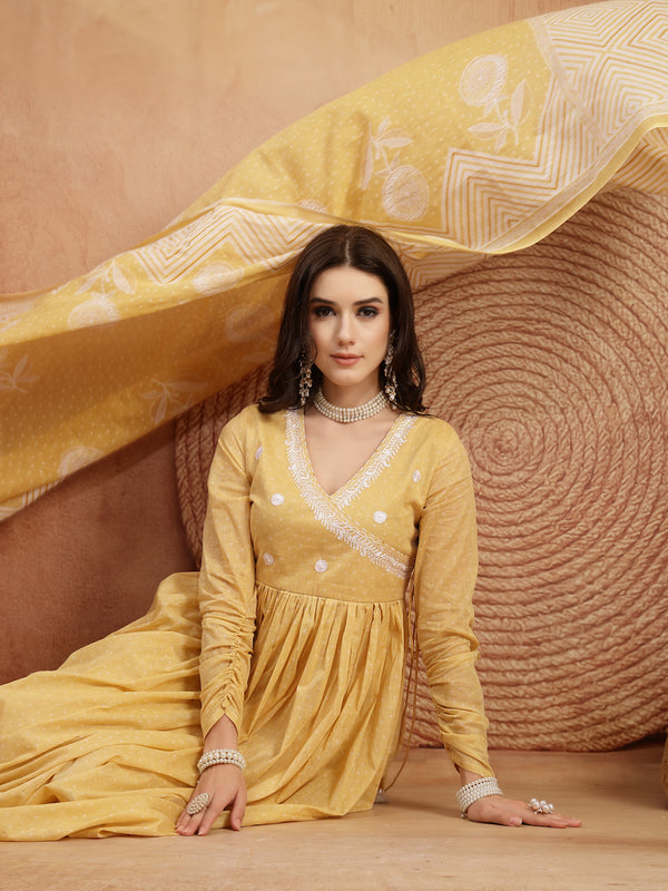 Kimayra Cotton Calf Length Printed 3/4 Sleeve V-Neck Flared Kurta Suit Set