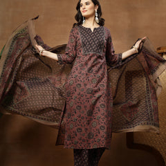 Kimayra Cotton Calf Length Printed 3/4 Sleeve Round Neck Straight Kurta Suit Set