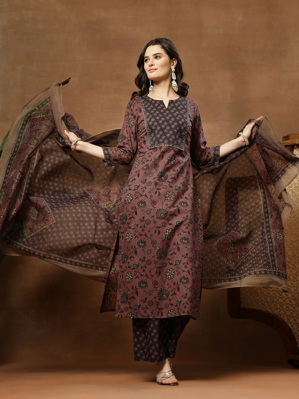 Kimayra Cotton Calf Length Printed 3/4 Sleeve Round Neck Straight Kurta Suit Set