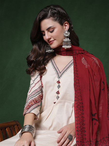 Kimayra Cotton Flex Calf Length Solid 3/4 Sleeves V-Neck Straight Kurta Suit Set