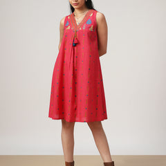 Kimayra Cotton Mid Length Printed Sleeveless V-Neck Flared Dress