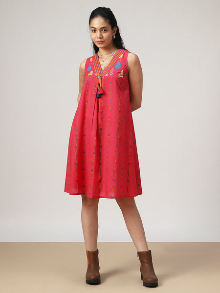 Kimayra Cotton Mid Length Printed Sleeveless V-Neck Flared Dress