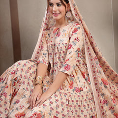Kimayra Cotton Calf Length Printed 3/4 Sleeve Key Hole Neck Flared Kurta Suit Set