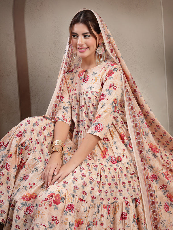 Kimayra Cotton Calf Length Printed 3/4 Sleeve Key Hole Neck Flared Kurta Suit Set