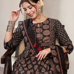 Kimayra Cotton Calf Length Printed 3/4 Sleeve Key Hole Neck Flared Kurta Suit Set