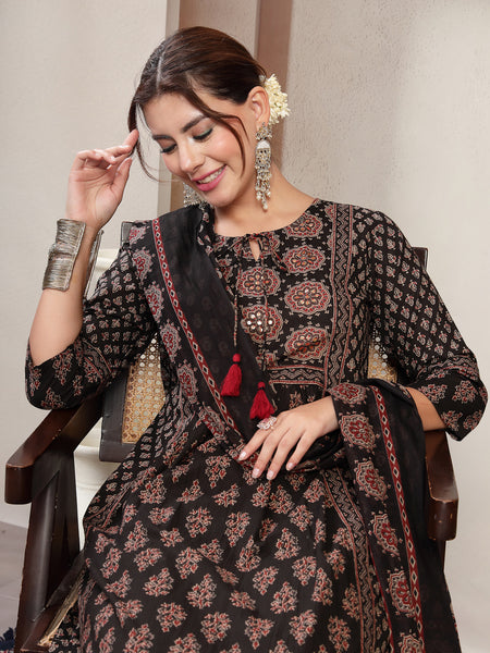 Kimayra Cotton Calf Length Printed 3/4 Sleeve Key Hole Neck Flared Kurta Suit Set