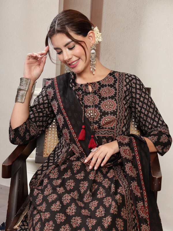Kimayra Cotton Calf Length Printed 3/4 Sleeve Key Hole Neck Flared Kurta Suit Set