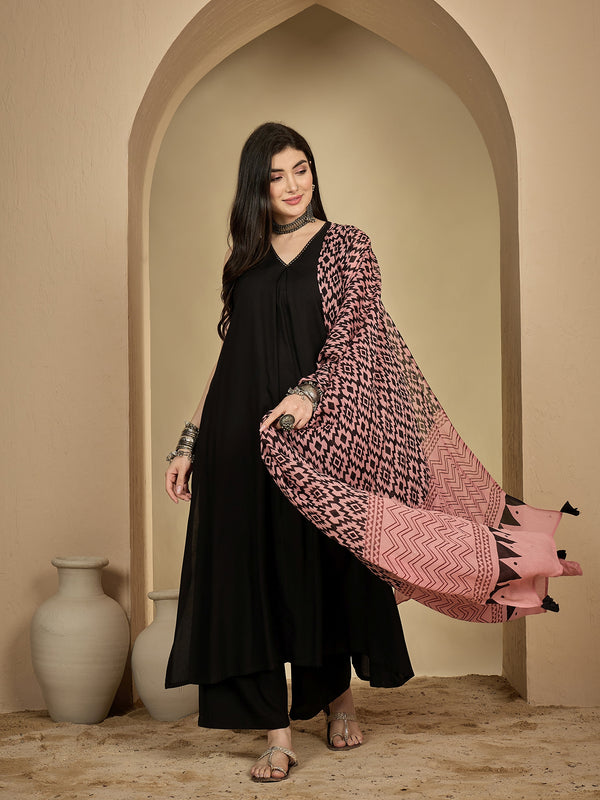 Kimayra Rayon Calf Length Solid Sleeveless V-Neck Flared Kurta Suit Set