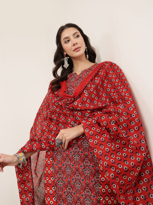 Kimayra Rayon Calf Length Printed 3/4 Sleeve Round Neck Straight Kurta Suit Set
