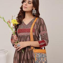 Kimayra Cotton Calf Length Printed 3/4 Sleeve V-Neck Flared Kurta Suit Set