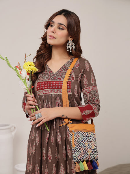 Kimayra Cotton Calf Length Printed 3/4 Sleeve V-Neck Flared Kurta Suit Set