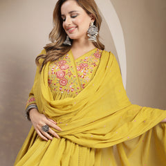 Kimayra Cotton Calf Length Solid 3/4 Sleeve V-Neck Flared Kurta Suit Set