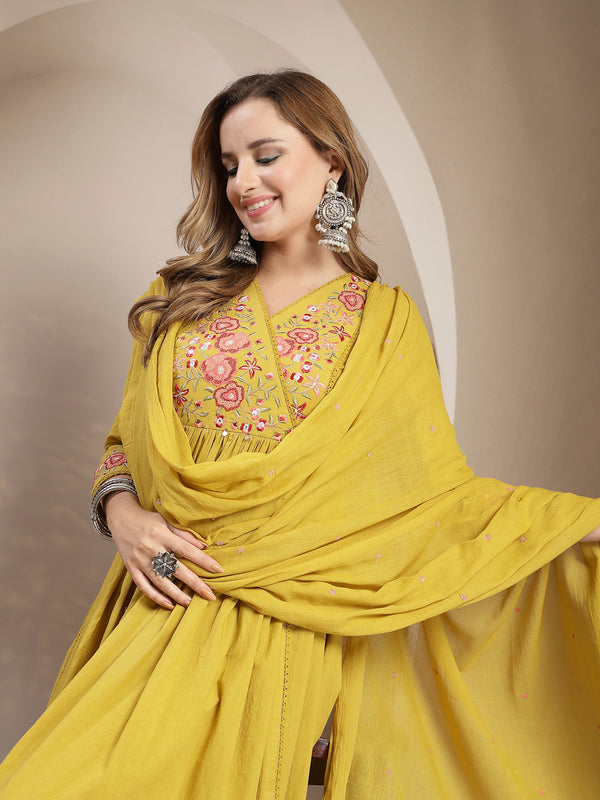 Kimayra Cotton Calf Length Solid 3/4 Sleeve V-Neck Flared Kurta Suit Set