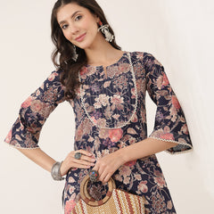 Kimayra  Calf Length Printed 3/4 Sleeve Round Neck Straight Kurta