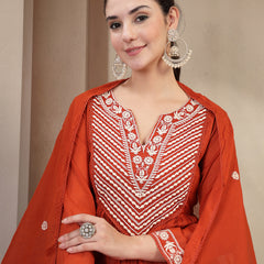 Kimayra Cotton Calf Length Solid 3/4 Sleeve Round Neck Flared Kurta Suit Set