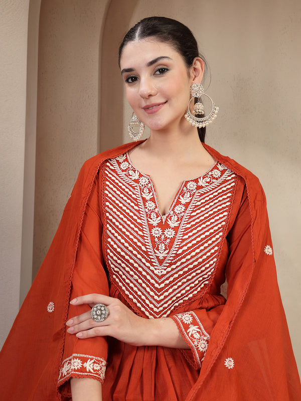 Kimayra Cotton Calf Length Solid 3/4 Sleeve Round Neck Flared Kurta Suit Set