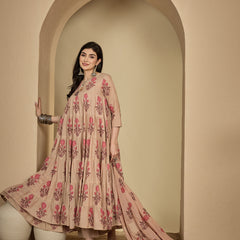 Kimayra Cotton Calf Length Printed 3/4 Sleeve Key Hole Neck Anarkali Kurta Suit Set