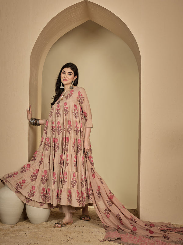 Kimayra Cotton Calf Length Printed 3/4 Sleeve Key Hole Neck Anarkali Kurta Suit Set
