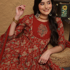 Kimayra Cotton Calf Length Printed 3/4 Sleeves Round Neck Anarkali Kurta Suit Set
