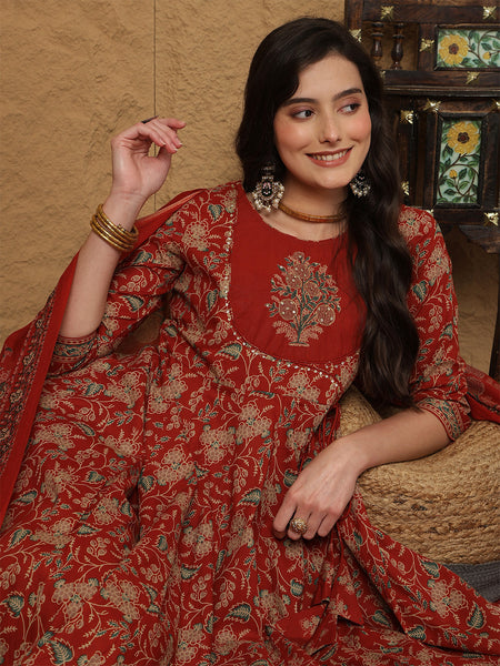 Kimayra Cotton Calf Length Printed 3/4 Sleeves Round Neck Anarkali Kurta Suit Set