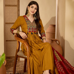 Kimayra Rayon Calf Length Solid 3/4 Sleeve V-Neck Flared Kurta Suit Set