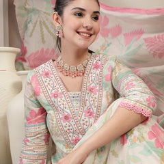 Kimayra Cotton Calf Length Printed 3/4 Sleeve V Neck Flared Kurta Suit Set