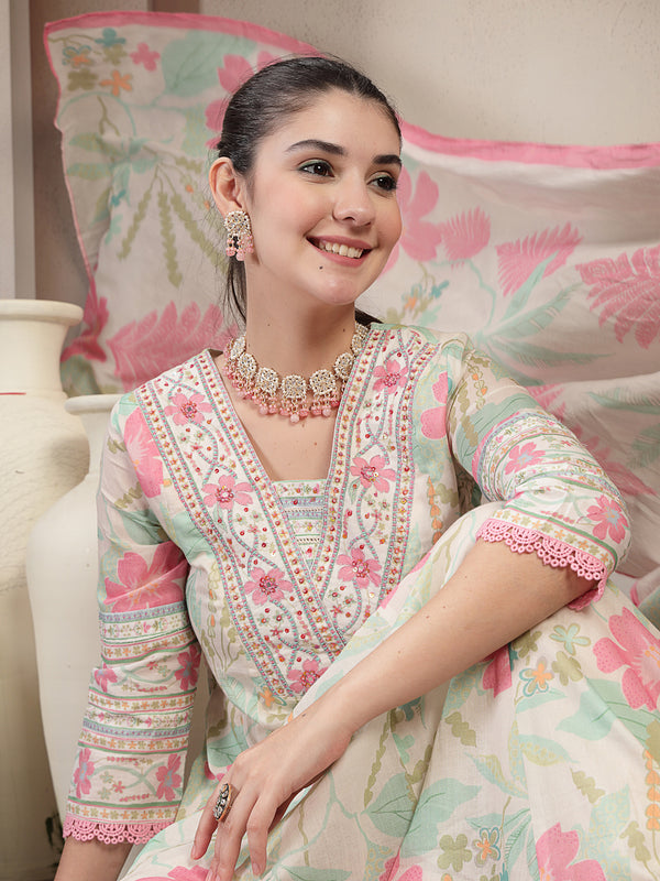 Kimayra Cotton Calf Length Printed 3/4 Sleeve V Neck Flared Kurta Suit Set