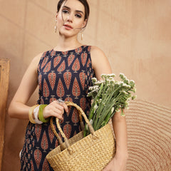 Kimayra Rayon Calf Length Printed Sleeveless Round Neck Straight Kurta