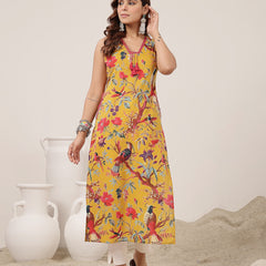 Kimayra Cotton Calf Length Printed Sleeveless V-Neck Straight Kurta