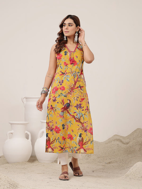 Kimayra Cotton Calf Length Printed Sleeveless V-Neck Straight Kurta