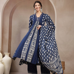 Kimayra Rayon Calf Length Printed 3/4 Sleeve V-Neck Flared Kurta Suit Set