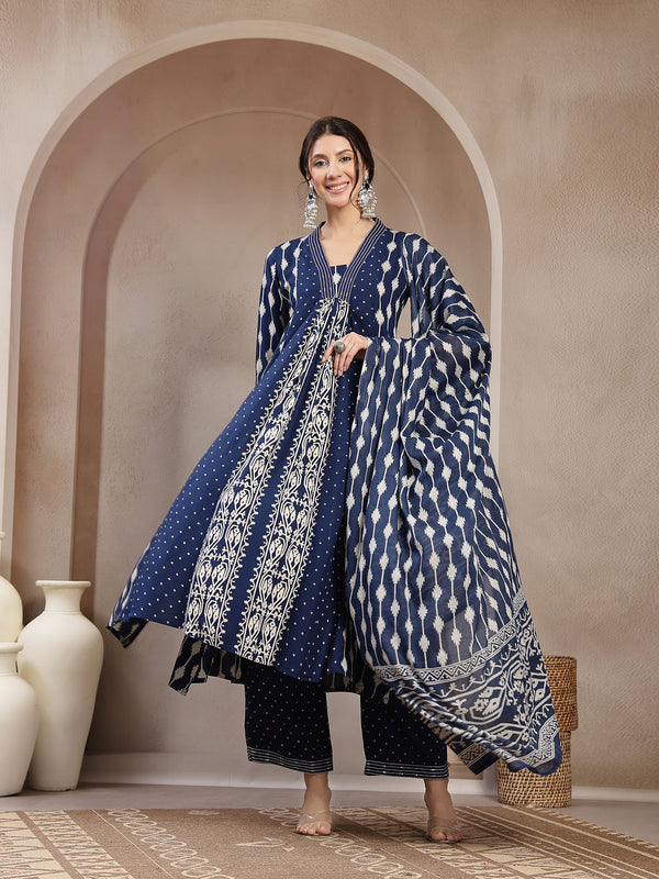 Kimayra Rayon Calf Length Printed 3/4 Sleeve V-Neck Flared Kurta Suit Set