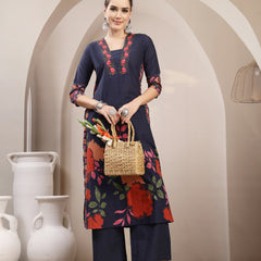 Kimayra Rayon Calf Length Printed 3/4 Sleeve V-Neck A-Line Kurta Suit Set