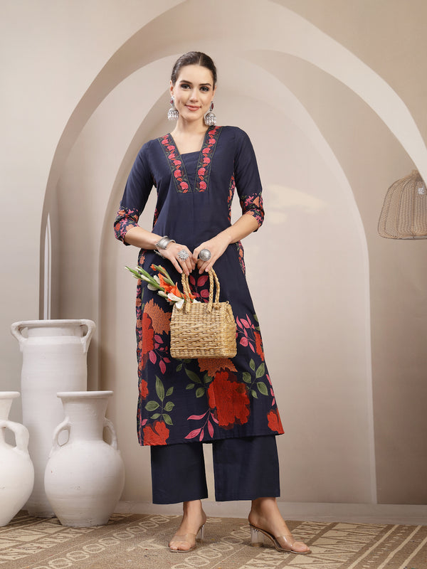 Kimayra Rayon Calf Length Printed 3/4 Sleeve V-Neck A-Line Kurta Suit Set