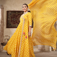 Kimayra Cotton Calf Length Printed 3/4 Sleeve V-Neck Flared Kurta Suit Set