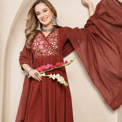 Kimayra Cotton Calf Length Solid 3/4 Sleeve V-Neck Flared Kurta Suit Set