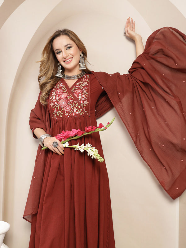 Kimayra Cotton Calf Length Solid 3/4 Sleeve V-Neck Flared Kurta Suit Set