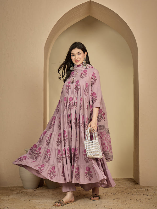 Kimayra Cotton Calf Length Printed 3/4 Sleeve Key Hole Neck Anarkali Kurta Suit Set