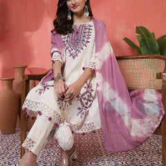 Kimayra Jacquard Knee Length Solid 3/4 Sleeves Round Neck Flared Kurta Suit Set