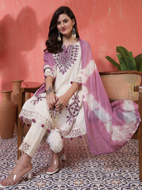 Kimayra Jacquard Knee Length Solid 3/4 Sleeves Round Neck Flared Kurta Suit Set
