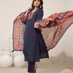 Kimayra Cotton Calf Length Solid 3/4 Sleeve V-Neck Flared Kurta Suit Set