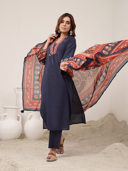 Kimayra Cotton Calf Length Solid 3/4 Sleeve V-Neck Flared Kurta Suit Set