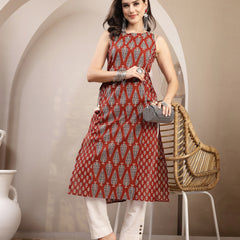 Kimayra Rayon Calf Length Printed Sleeveless Round Neck Straight Kurta