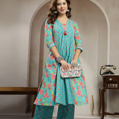 Kimayra Cotton Calf Length Printed 3/4 Sleeve V-Neck Flared Kurta Suit Set