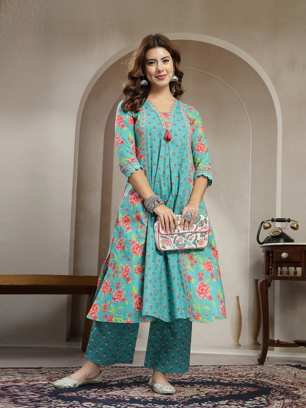 Kimayra Cotton Calf Length Printed 3/4 Sleeve V-Neck Flared Kurta Suit Set