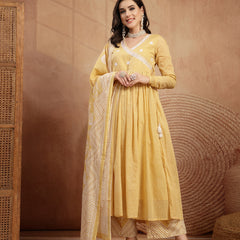 Kimayra Cotton Calf Length Printed 3/4 Sleeve V-Neck Flared Kurta Suit Set